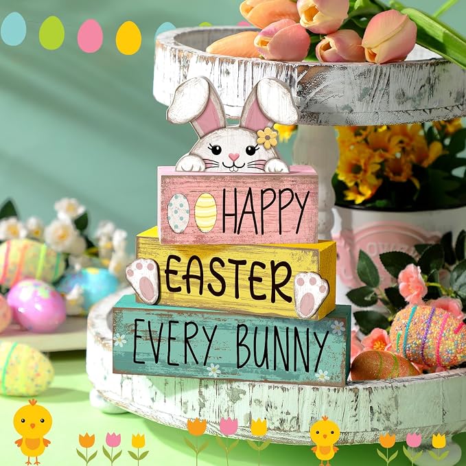 Moucuny 4 Pcs Easter Table Decorations Bunny Tiered Tray Decor Wooden Bunny - Image 6