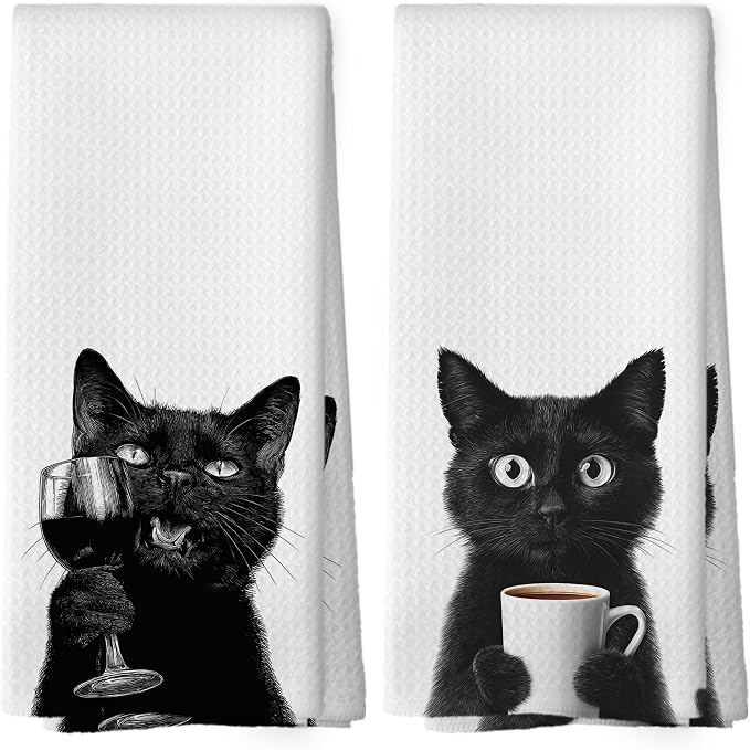 Funny Cat Kitchen Towels Set of 2, Chef Gift，Funny Kitchen Decor, Coffee by Mcehtle