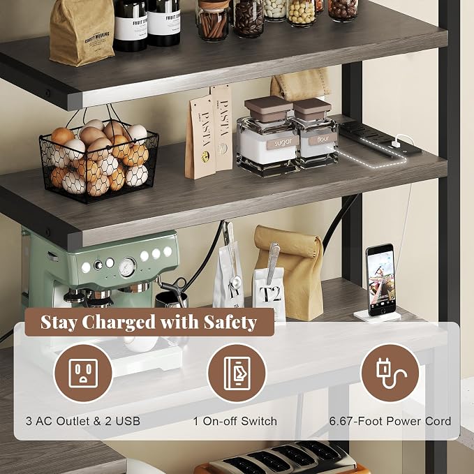 L-Shaped Bakers Rack with Power Outlet, 6-Tier Microwave Stand with Storage - Image 5