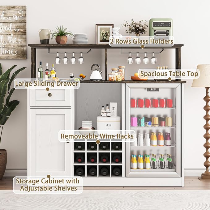55'' Wine Bar Cabinet with Mini Fridge Space, Liquor Coffee Cabinet with LED - Image 5