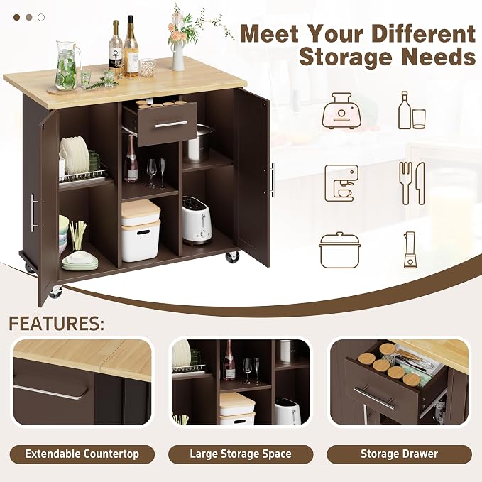 Shintenchi Kitchen Island with Storage, Bar Cart Cabinet Island Table on Wheels - Image 5