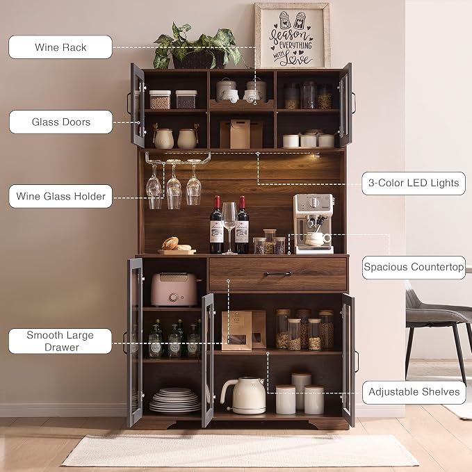 Fatmok 71" Pantry Cabinet with Wine Rack and Charging Station, Adjustable - Image 4