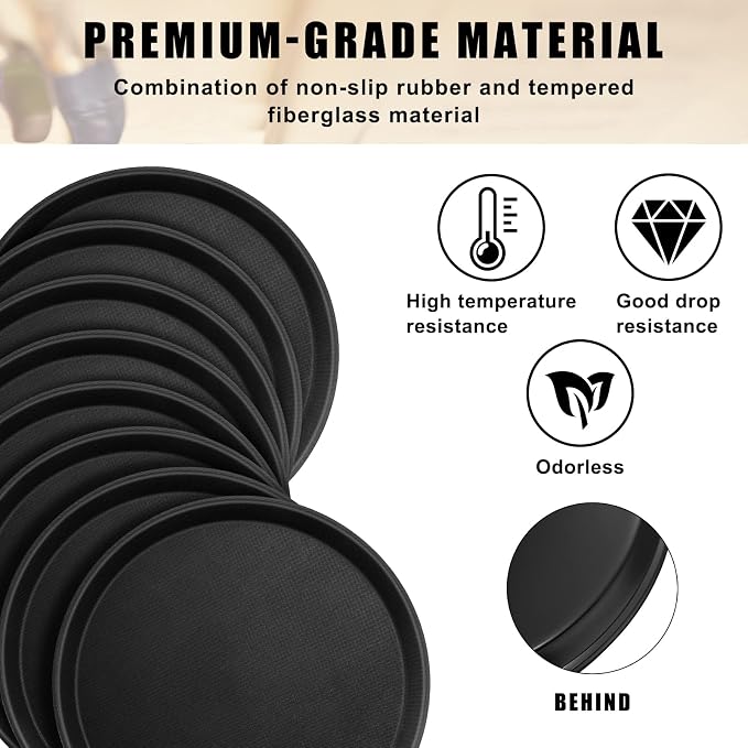 Zopeal 8 Pieces Black Round Restaurant Serving Tray, Plastic Non Slip Surface - Image 3