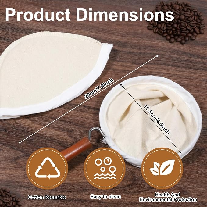 3PCS Coffee Sock Strainer with Wooden Handle, Washable Cloth Coffee Filter - Image 2