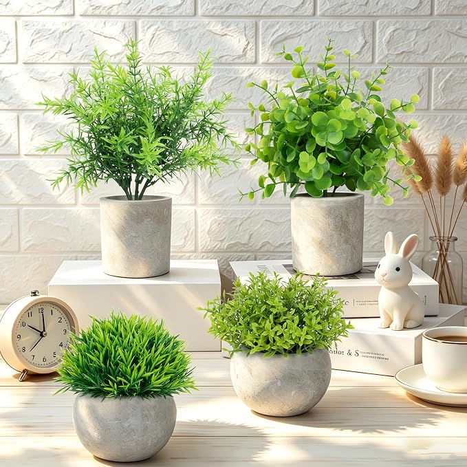 ZAIYW 4 Pack Small Fake Plants Indoor, Mini Potted Artificial Plants Eucalyptus - Image 2