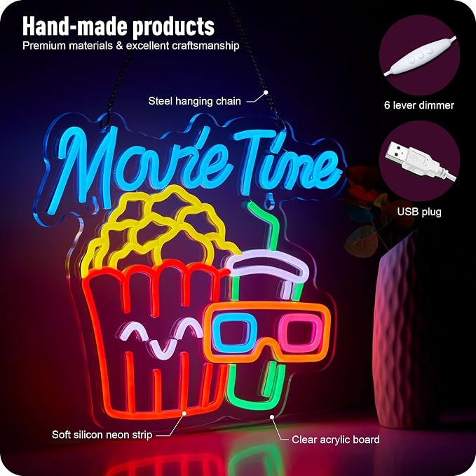 Movie Time Neon Sign Popcorn Cinema LED Light USB Powered Neon - Image 2