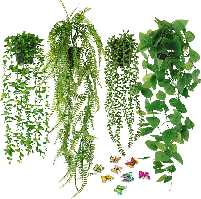 Fake Plants 4 Pack Artificial Hanging Plants, Fake Potted Greenery Faux by Belicoo