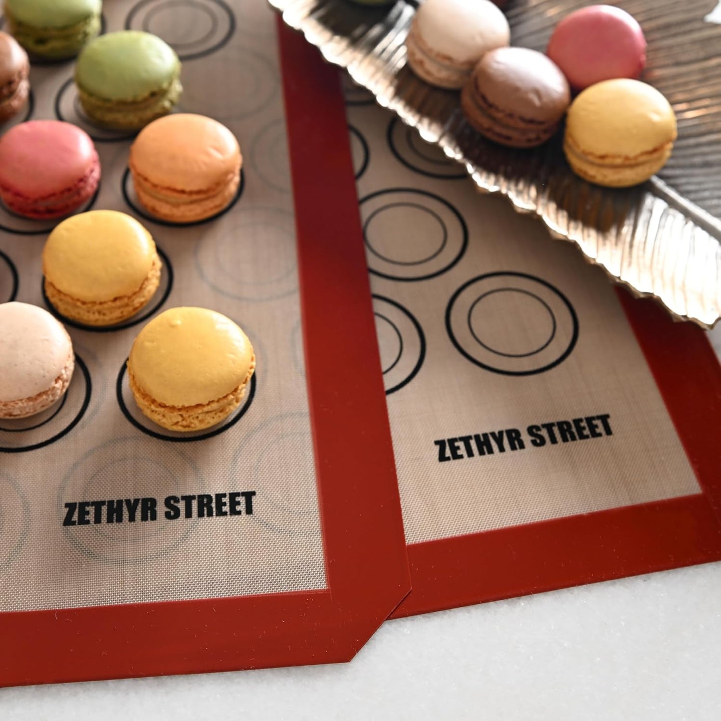 Macaron Silicone Baking Mats - Set of 10 - Full Size - 16.5 x 24, Non-Stick Macaron Mat for Perfect Baking - Dishwasher & Oven Safe, Ideal for Macarons, Cookies, Bread, Red Border