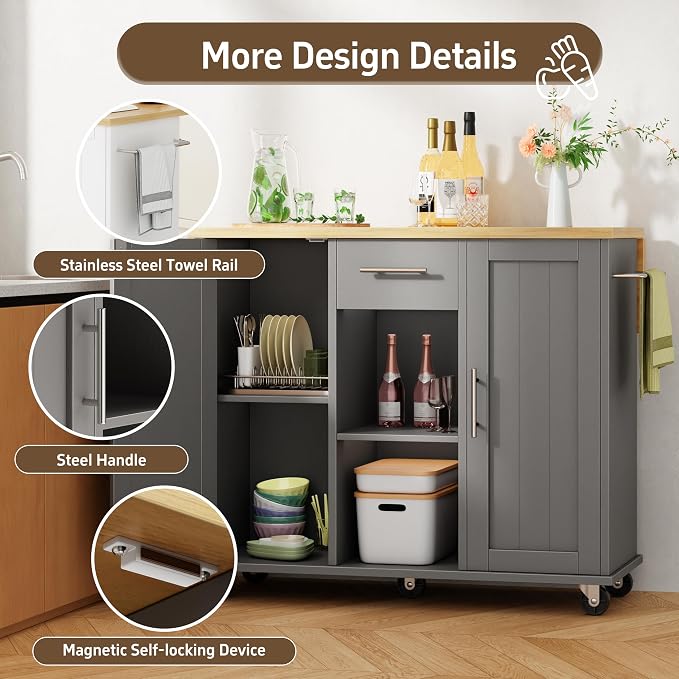 Shintenchi Kitchen Island with Storage, Bar Cart Cabinet Island Table on Wheels - Image 4