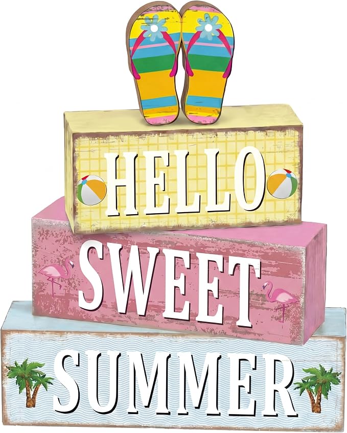 Geelin 4 Pcs Summer Flip Flop Wooden Table Decorations Hello Summer Centerpiece by Geelin