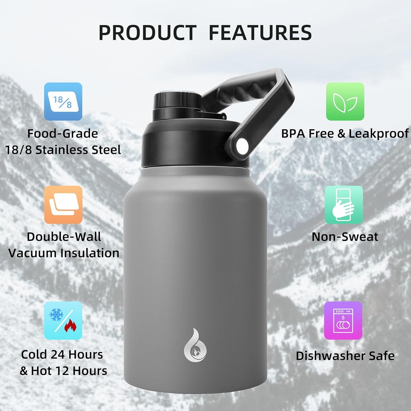 BJPKPK 64 oz Insulated Water Bottle, Dishwasher Safe Half Gallon Water Bottle with Ergonomic Handle, BPA Free Leak Proof Water Jug for Sports, Metal Thermos with Anti-slip Bottom, Grey
