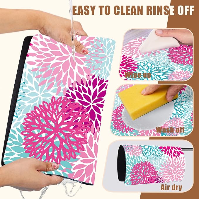 Pink Blue Chrysanthemum Flowers Dish Drying Mat - Image 5
