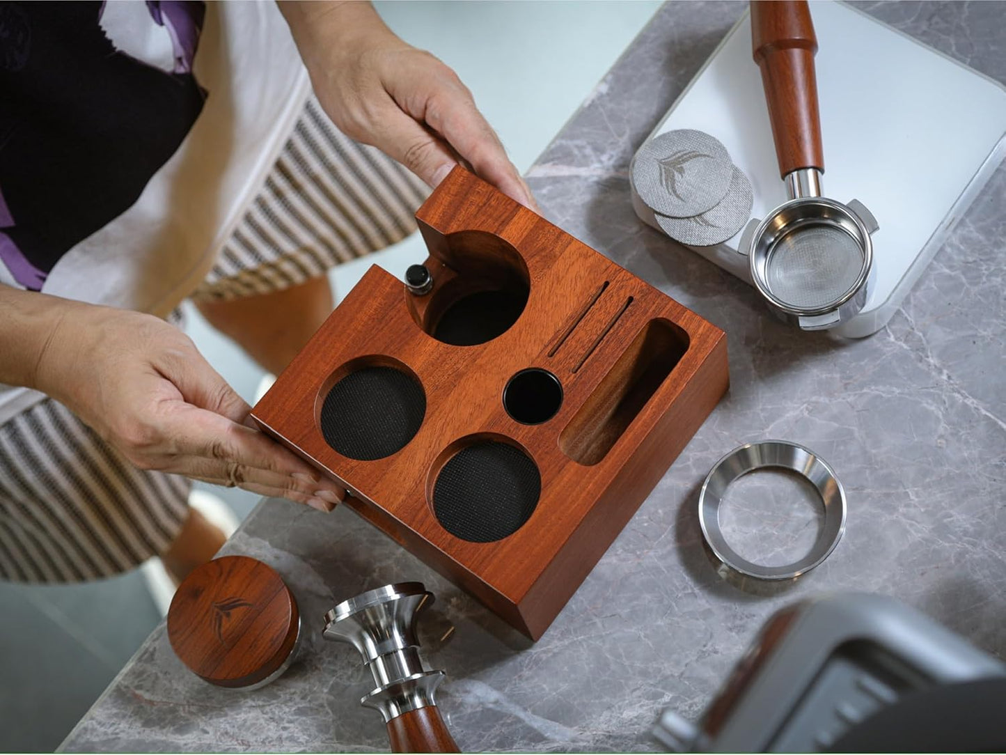 54mm Espresso Accessories Set – Premium Rosewood Organizer Box, Calibrated Tamper, Adjustable Coffee Distributor, WDT Puck Prep Tool & Scale with Timer