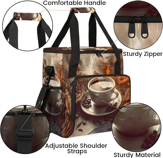 Coffee Themed Coffee Maker Carring Bag, Large Insulated Storage Organizer Case - Image 6