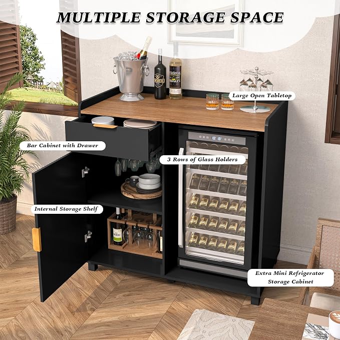 Bar Cabinet with Fridge Space&Fluted Door, Mini Fridge Cabinet with Wine Storage - Image 4