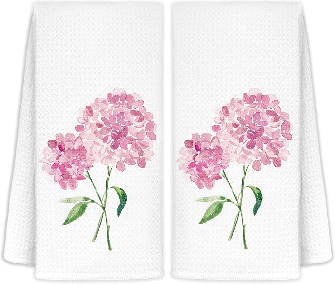Pink Hydrangea Flowers Floral Kitchen Towels Set of 2 by LoveandHome