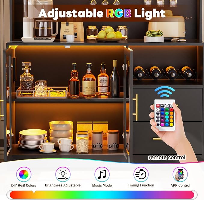 Wine Bar Cabinet with LED Lights, Liquor Bar Cabinets with Power Outlets - Image 4
