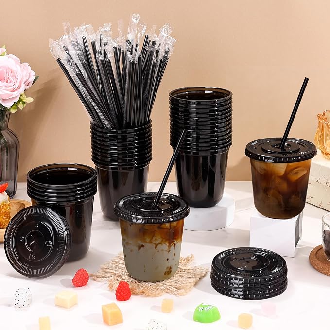 tchrules 100 Set 12oz Black Plastic Cups - Image 3