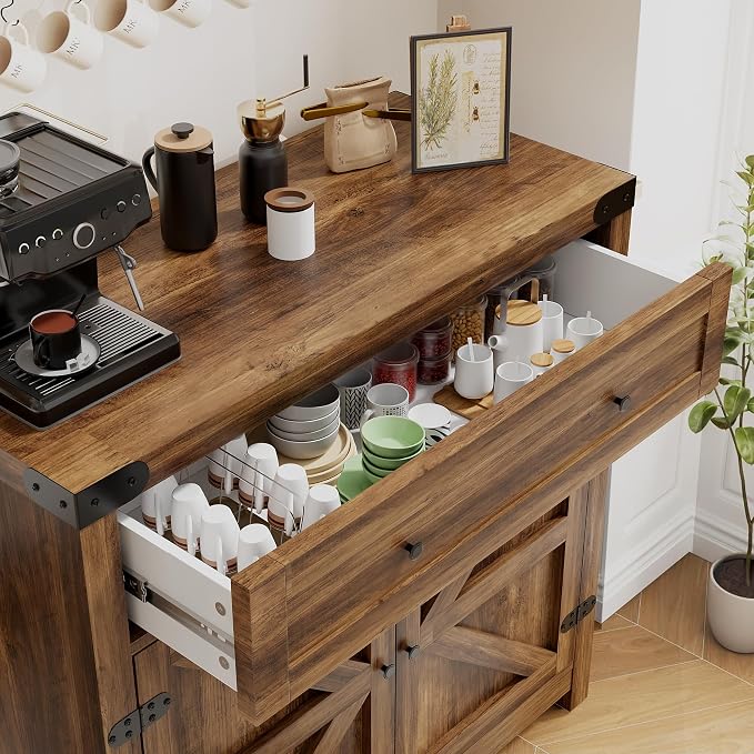 YESHOMY Coffee Bar and Accent Cabinet, Farmhouse Barn Door Buffet Sideboard - Image 10