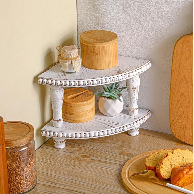 Kigley 2 Tiered Corner Riser for Kitchen Counter Wood Beaded Corner Shelf White - Image 5