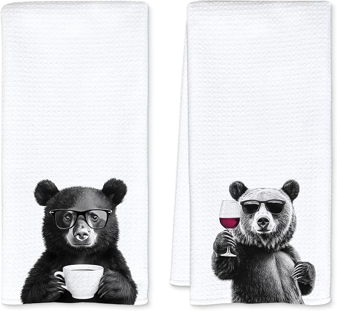 Funny Bear Kitchen Towels Set of 2, Funny Kitchen Decor, Coffee Station Wine by Unknown