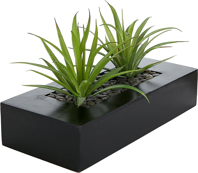 MyGift 10 Inch Fake Grass Artificial Plants in Rectangular Black Wood Planter by MyGiftHome
