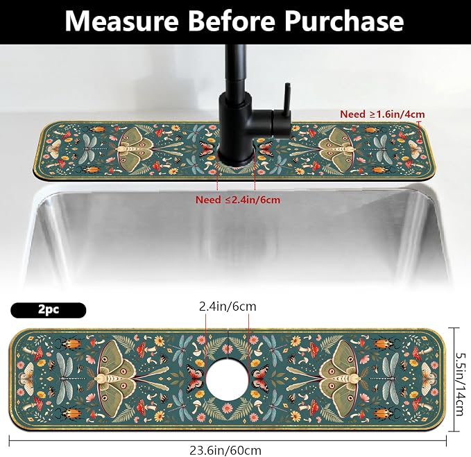 2 Pcs Kitchen Sink Splash Guard Faucet Mat Vintage Green Insects and Plants - Image 2