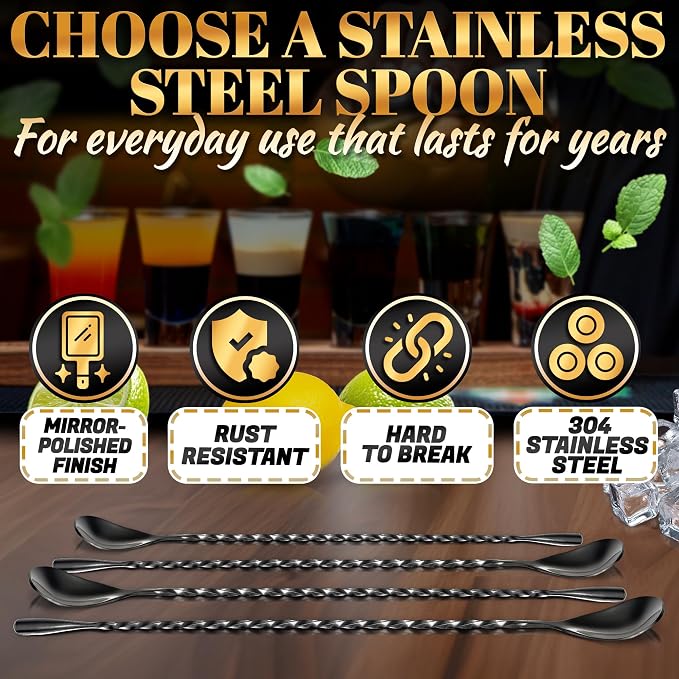 4 Pcs Black Bar Spoons Cocktail Mixing Spoon Set – 12 Inches Stainless Steel - Image 3