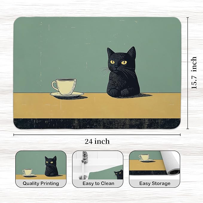 Black Cat Dish Drying Mat, Cat Lover Gifts， Vintage Black Cat Dishes Dry Mats - Image 3