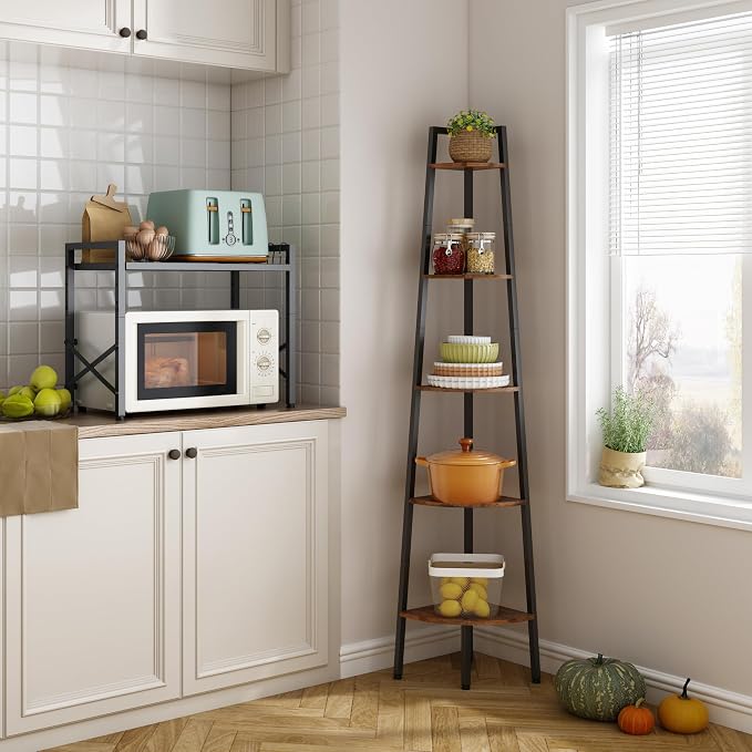 Hoctieon Corner Shelf, 5-Tier Corner Bookshelf, Rustic Ladder Shelf, Industrial - Image 4