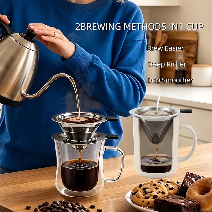 2-in-1 Immersion & Pour Over Coffee Maker, Reusable Stainless Steel Pour Over - Image 2