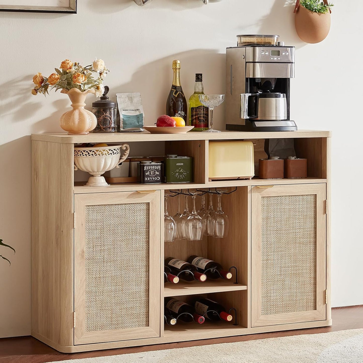 Lerliuo 47.2" Rattan Wine & Liquor Cabinet with 2 Doors, Boho Farmhouse Coffee Bar Station, Built-in Wine Racks & Storage, Adjustable Shelves for Living Room, Dining Room, Kitchen, Natural Wood