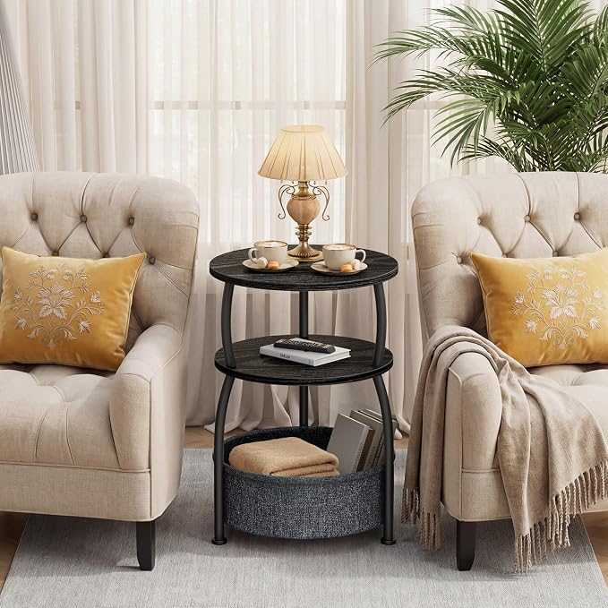 Round Side Table with Storage Basket, End Table Living Room, Bedside Table - Image 5