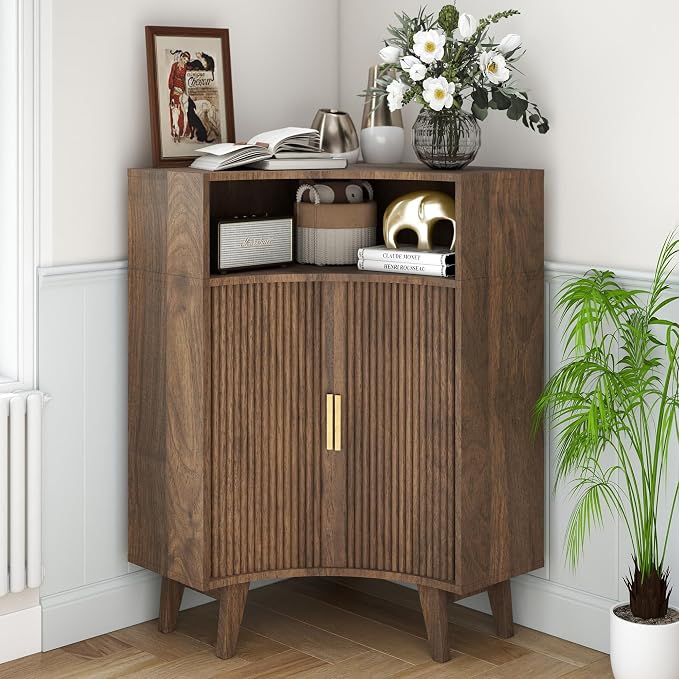 Fluted Corner Cabinet with Open Storage, Modern Floor Cabinets with Sliding by Vudanfe