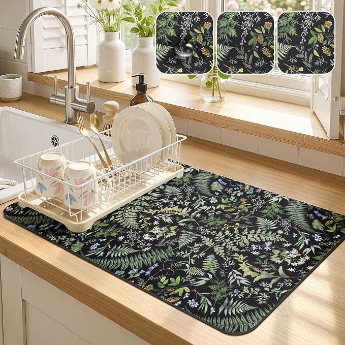 LOKHOM Dish Drying Mat for Kitchen Counter, Sage Green Plant Dish Drainer Rack by LOKHOM