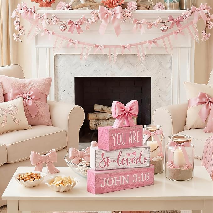 Lineshading 4 Pcs Pink Bow Decor Christian Table Decor Wooden Block Signs Set - Image 6