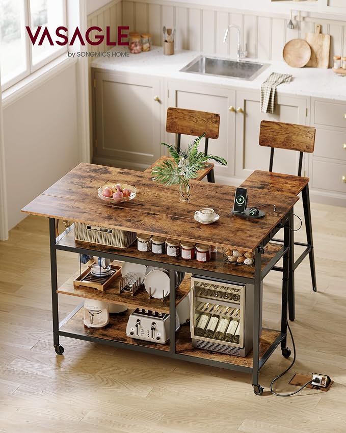 VASAGLE Kitchen Island with Drop Leaf, 47.2" Width Rolling Kitchen Cart with - Image 2