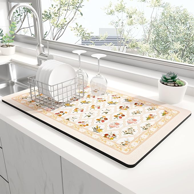 Rnivvi Dish Drying Mat for Kitchen Counter, XL 15 x 24" Cute Flower Theme by Rnivvi