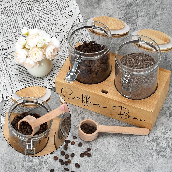 Glass Coffee Canister Set with Bamboo Shelf & Spoon - Image 6