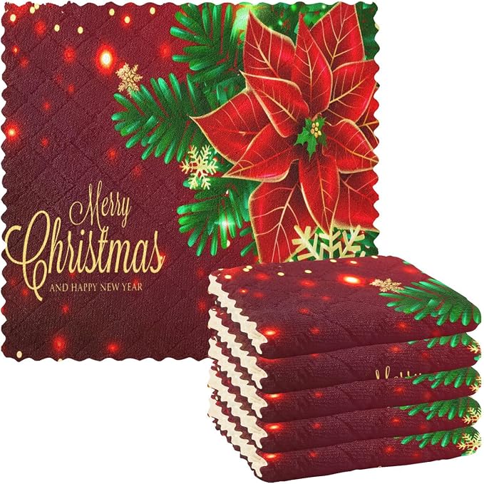 ALAZA Dish Towels Kitchen Cleaning Cloths Christmas Poinsettia and Snowflakes by ALAZA