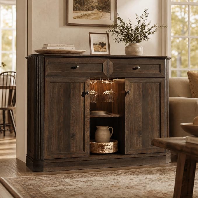 Walnut Coffee Bar with 2 Drawers & 2 Doors, LED Wine Bar Cabinet with Wine - Image 8