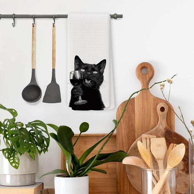 Funny Black Cat Wine Kitchen Towels, Gifts - Image 2