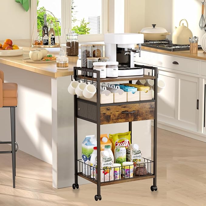 Small Coffee Bar Cart with Drawer Srorage, Office Coffee Bar Station Organizer - Image 4