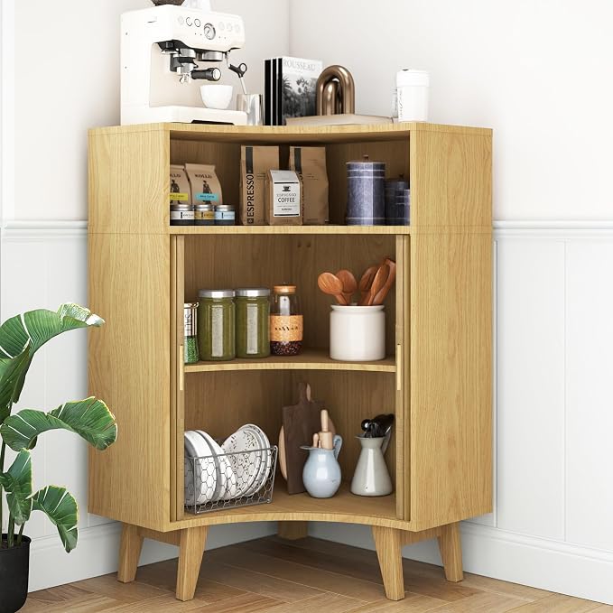Fluted Corner Cabinet with Open Storage, Modern Floor Cabinets with Sliding - Image 4