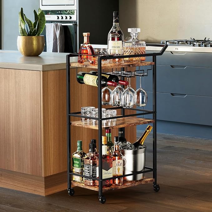 LOTEYIKE 3 Tier Bar Cart, Mini Liquor Utility Cart - Image 6