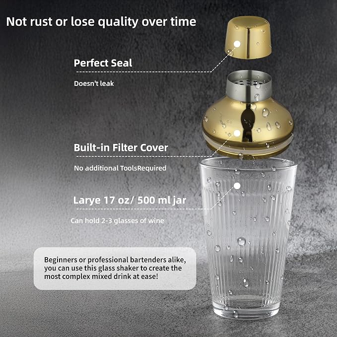 Glass Cocktail Shaker, 17oz Leak-Proof Martini Shaker - Image 2