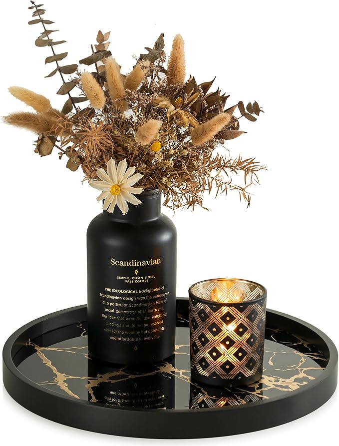 Hanobe Decorative Tray for Home Decor: Black Imitation Marble Round Serving by Hanobe