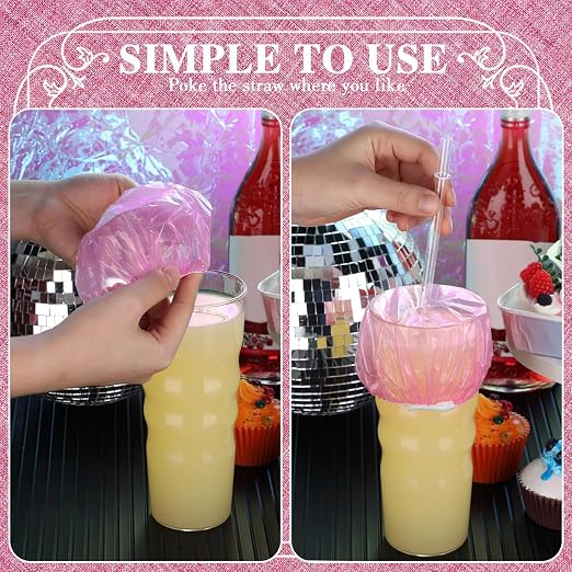 Baderke 100 Pcs Scrunchie Drink Covers Bulk Disposable Plastic Covers - Image 3