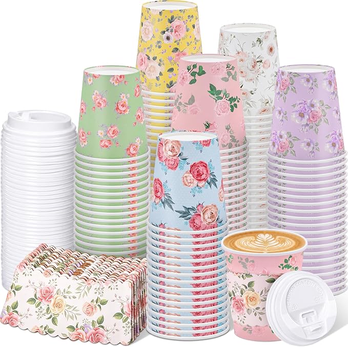 Mimorou 48 Sets Floral Coffee Cups 8oz Tea Party Cups Disposable Fancy Coffee by Mimorou