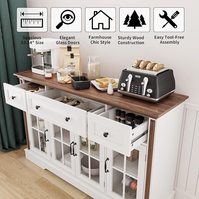 Sideboard Buffet Cabinet with Storage and Glass Doors, 4-Door Cabinet with 3 - Image 6